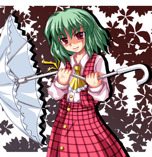 1girl, angry, ascot, destruction, female_focus, green_hair, kazami_yuuka, plaid_clothes