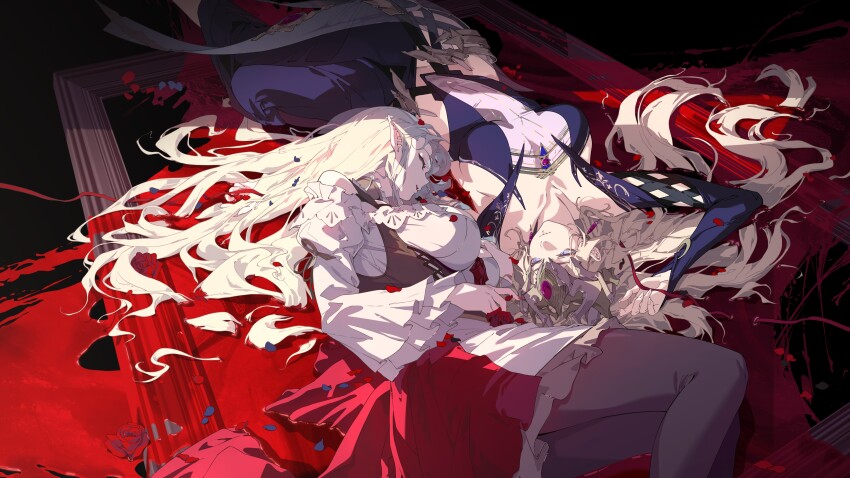 2girls, absurdres, artist_request, bare_shoulders, blonde_hair, blood, blood_on_ground, blue_eyes