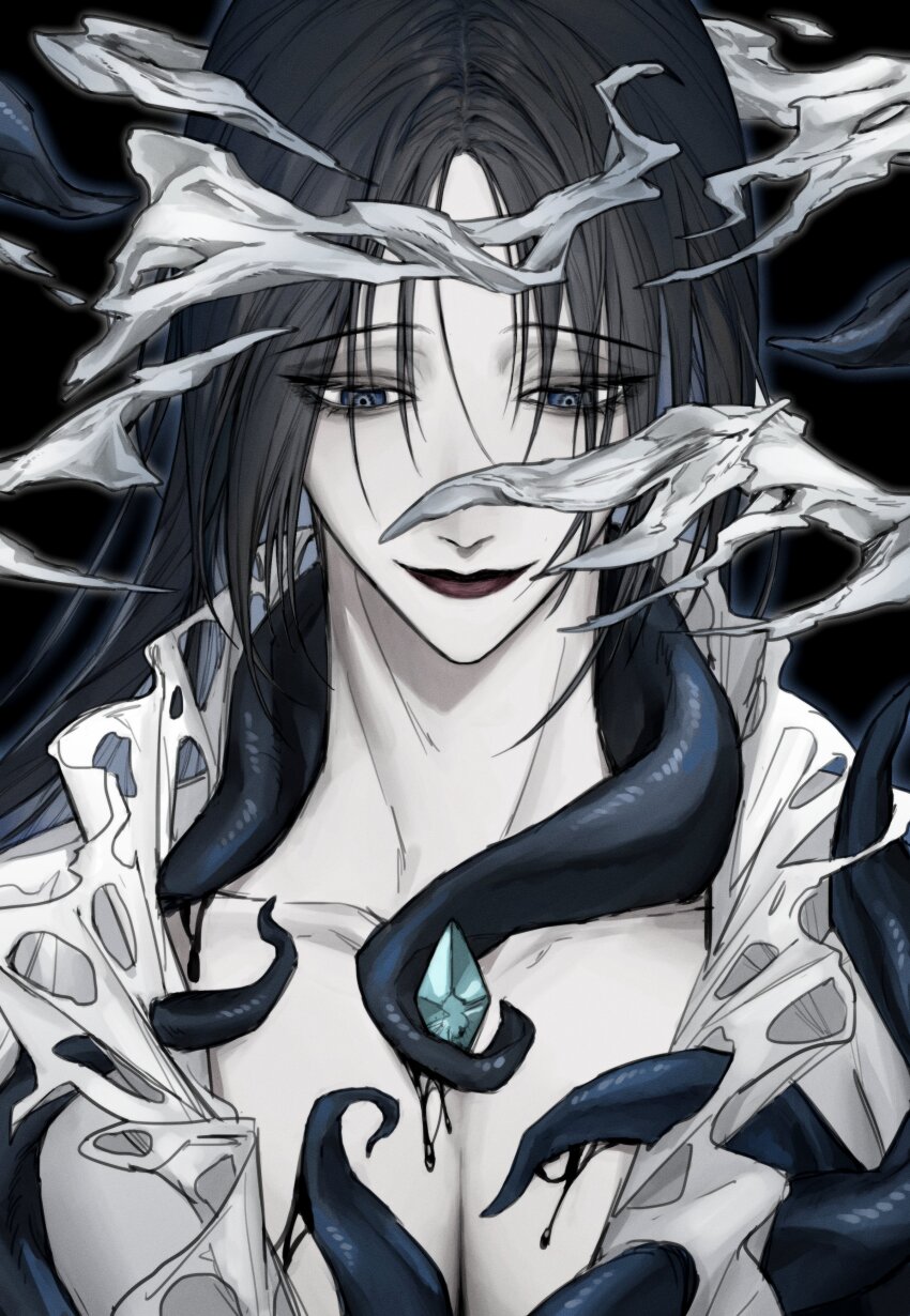 1girl, absurdres, black_background, black_hair, blue_eyes, breasts, chest_jewel, cleavage, collarbone, commentary_request, highres, jin_(ssspotatochip), korean_commentary, looking_down, path_to_nowhere, portrait, shin_(path_to_nowhere), smile, solo, tentacles