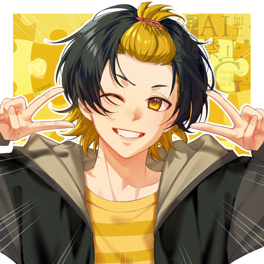 1boy, bachira_meguru, bangs_pinned_back, black_hair, black_hoodie, blonde_hair, blue_lock, border