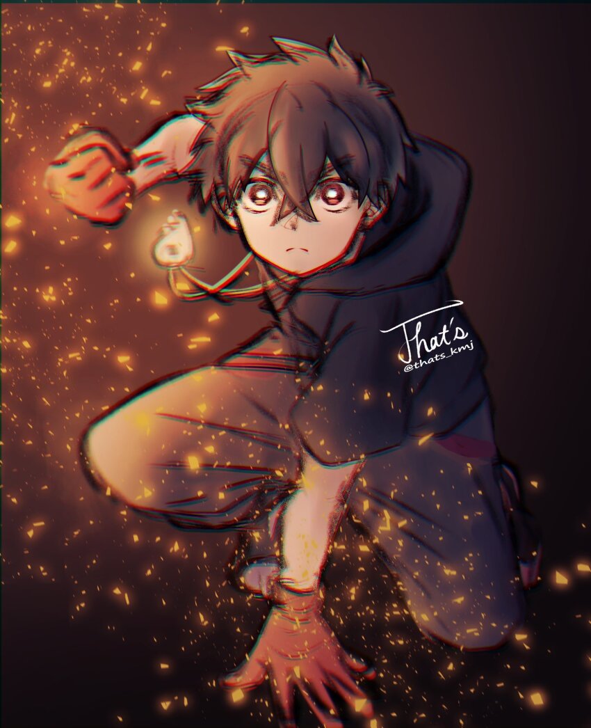 1boy, black_hair, clenched_hand, closed_mouth, embers, full_body, gloves, highres