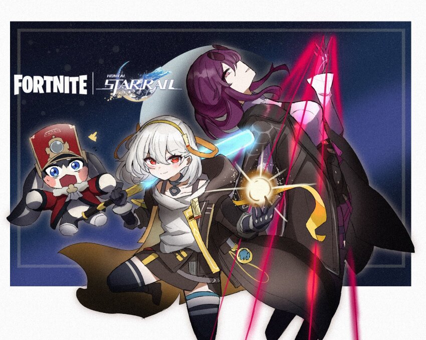 1other, 2girls, ^^^, baseball_bat, black_choker, black_coat, black_gloves, black_skirt