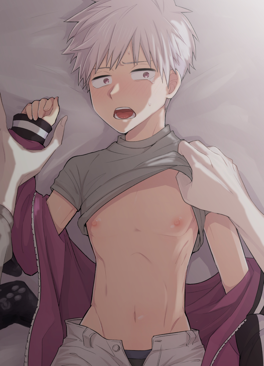 2boys, blush, clothes_lift, highres, jacket, kemono_jihen, lifting_another's_clothes, male_focus, mihai_florescu, multiple_boys, navel, nipples, open_mouth, out_of_frame, shirt, shirt_lift, short_hair, shota, solo_focus, sweatdrop, sy180, tademaru_shiki, tearing_up, teeth, upper_body, yaoi