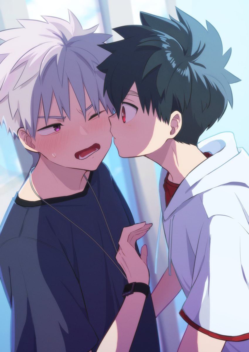 2boys, black_hair, black_shirt, blush, highres, jewelry, kemono_jihen, kissing_cheek