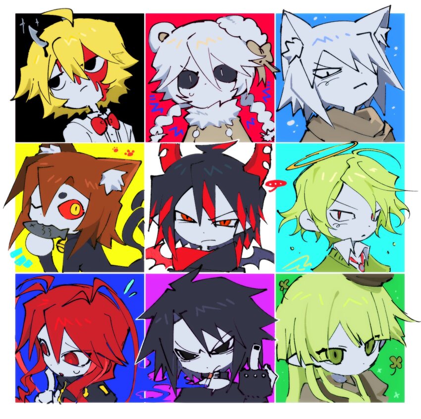 ..., 4girls, 5boys, :3, ahoge, angel, animal_ears, antenna_hair, aqua_background, bear_ears, bear_girl, black_background, black_choker, black_dress, black_eyes, black_hair, black_jacket, black_sclera, black_shirt, blonde_hair, blood, blood_on_face, blue_background, border, bow, bowtie, braid, brown_bow, brown_coat, brown_dress, brown_hair, brown_hat, brown_scarf, brown_shirt, buttons, cat_ears, cat_girl, cat_tail, choker, closed_mouth, clover, coat, collared_shirt, colored_sclera, colored_skin, commentary, demon_boy, demon_horns, demon_wings, dot_nose, dress, expressionless, fiore_(funamusea), fish, fish_hook, fish_in_mouth, funamusea, fur-trimmed_coat, fur_trim, green_background, green_eyes, green_hair, green_vest, halo, hat, hat_bow, highres, horns, ice_scream, index_finger_raised, ivlis_(funamusea), jacket, jitome, lobco_(funamusea), long_hair, looking_at_viewer, looking_to_the_side, mian_(mian_eee), middle_finger, multicolored_hair, multiple_boys, multiple_girls, nio_(funamusea), no_mouth, olive_(funamusea), one_eye_closed, oounabara_to_wadanohara, open_mouth, pinafore_dress, pink_background, pointy_ears, poison_bugs, red_background, red_bow, red_bowtie, red_eyes, red_hair, red_sclera, rocma_(funamusea), scarf, scor_(funamusea), shirogane_(funamusea), shirt, short_hair, sleeveless, sleeveless_dress, sparkle, speech_bubble, spoken_ellipsis, streaked_hair, tail, tsuribari_(funamusea), twin_braids, untranslatable_commentary, vest, white_background, white_border, white_eyes, white_hair, white_hat, white_shirt, white_skin, wings, wolf_boy, wolf_ears, yellow_background, yellow_eyes