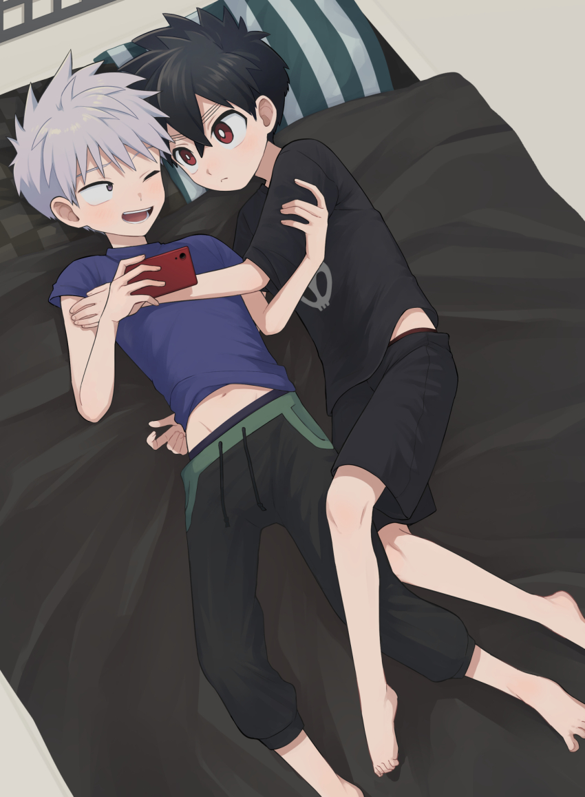 2boys, barefoot, bed, black_hair, closed_mouth, feet, highres, holding
