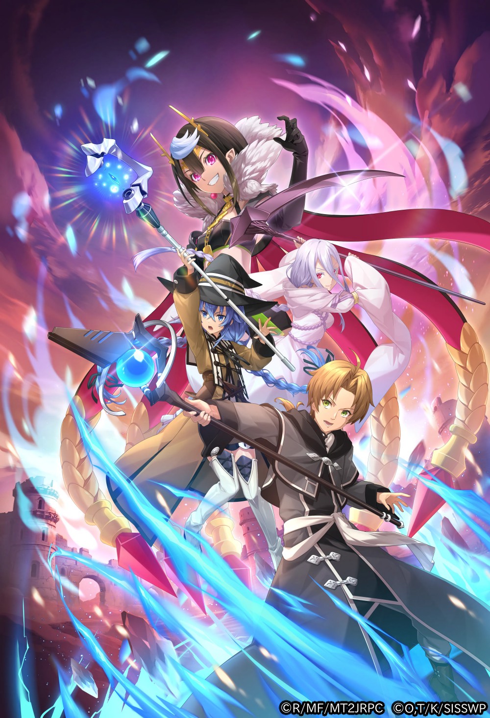 1boy, 3girls, aqua_heartia, ariel_(kumo_desu_ga_nani_ka?), black_bow, black_gloves, blue_eyes, blue_fire