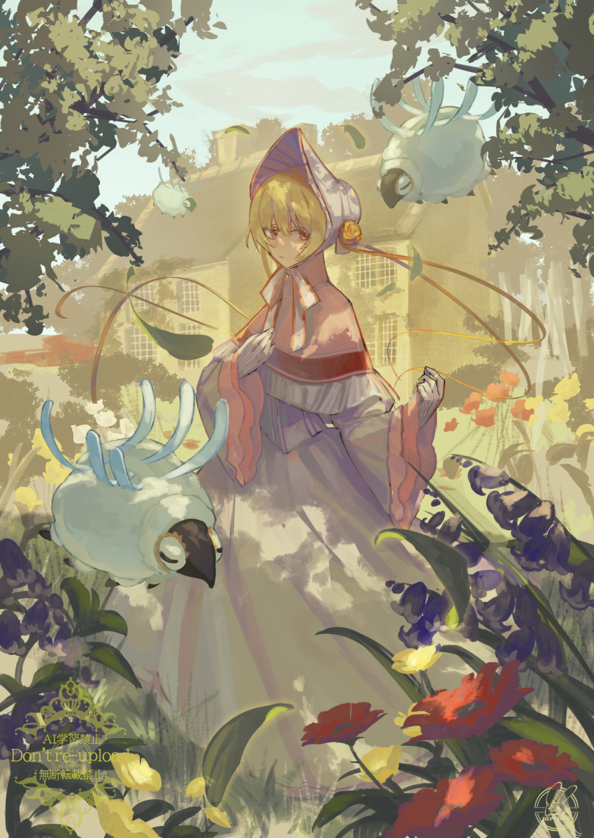 1girl, blonde_hair, blue_sky, bonnet, capelet, chinstrap, commentary_request, corset