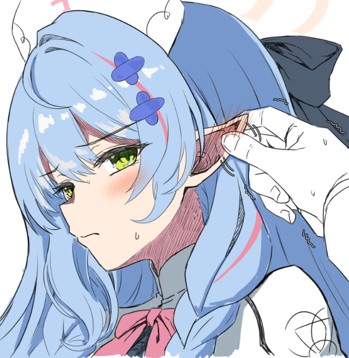 1girl, blue_archive, blue_hair, blush, braid, chikakei_(tsuki_no_chika_keikoku), commentary_request, ear_blush