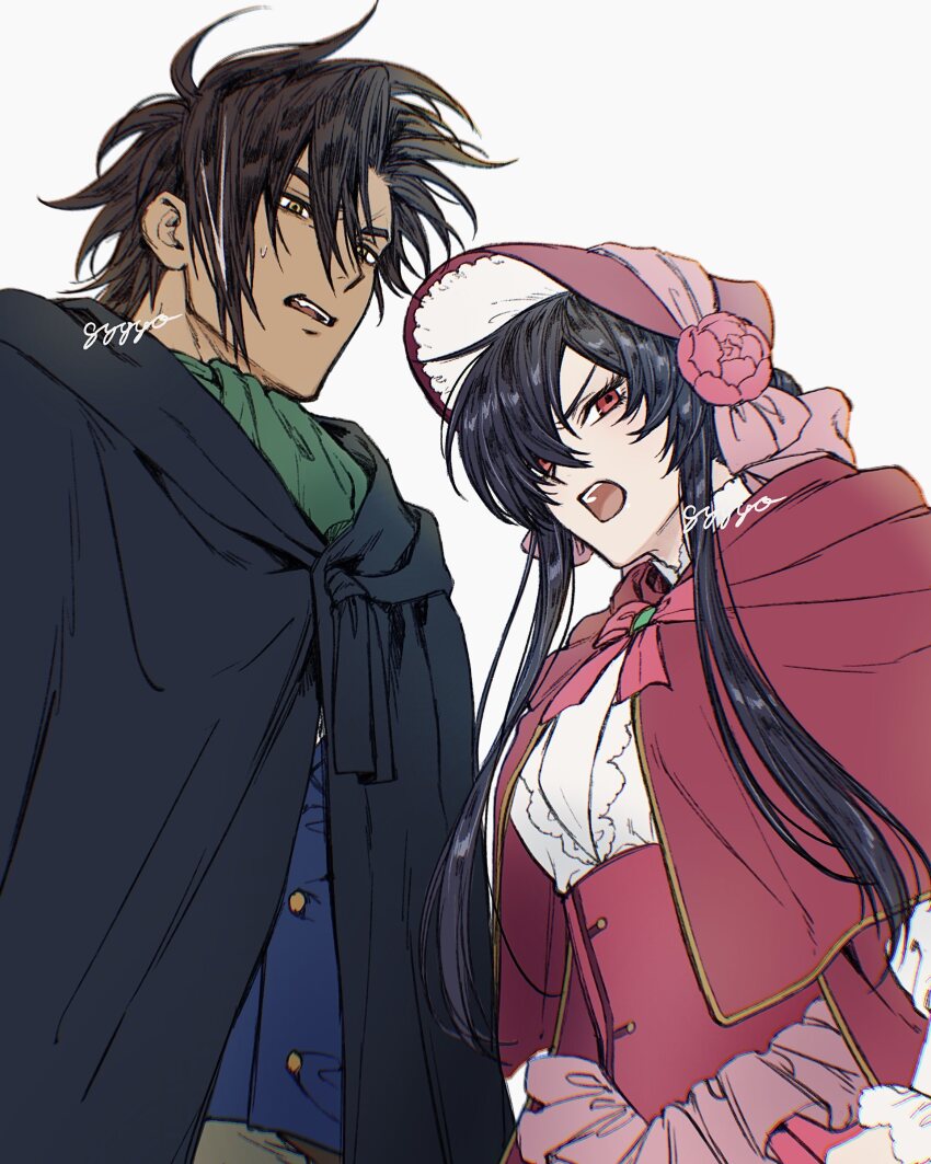 1boy, absurdres, angry, black_hair, bonnet, bow, brown_hair, capelet, dark-skinned_male, dark_skin, forbartz_xylo, formal_clothes, gyozabiglove143, hair_between_eyes, highres, hood, hooded_capelet, kivia_patausche, long_hair, official_alternate_costume, official_alternate_hairstyle, open_mouth, red_bonnet, red_capelet, red_eyes, short_hair, shouting, simple_background, spiked_hair, sweatdrop, teeth, white_background, yuushakei_ni_shosu