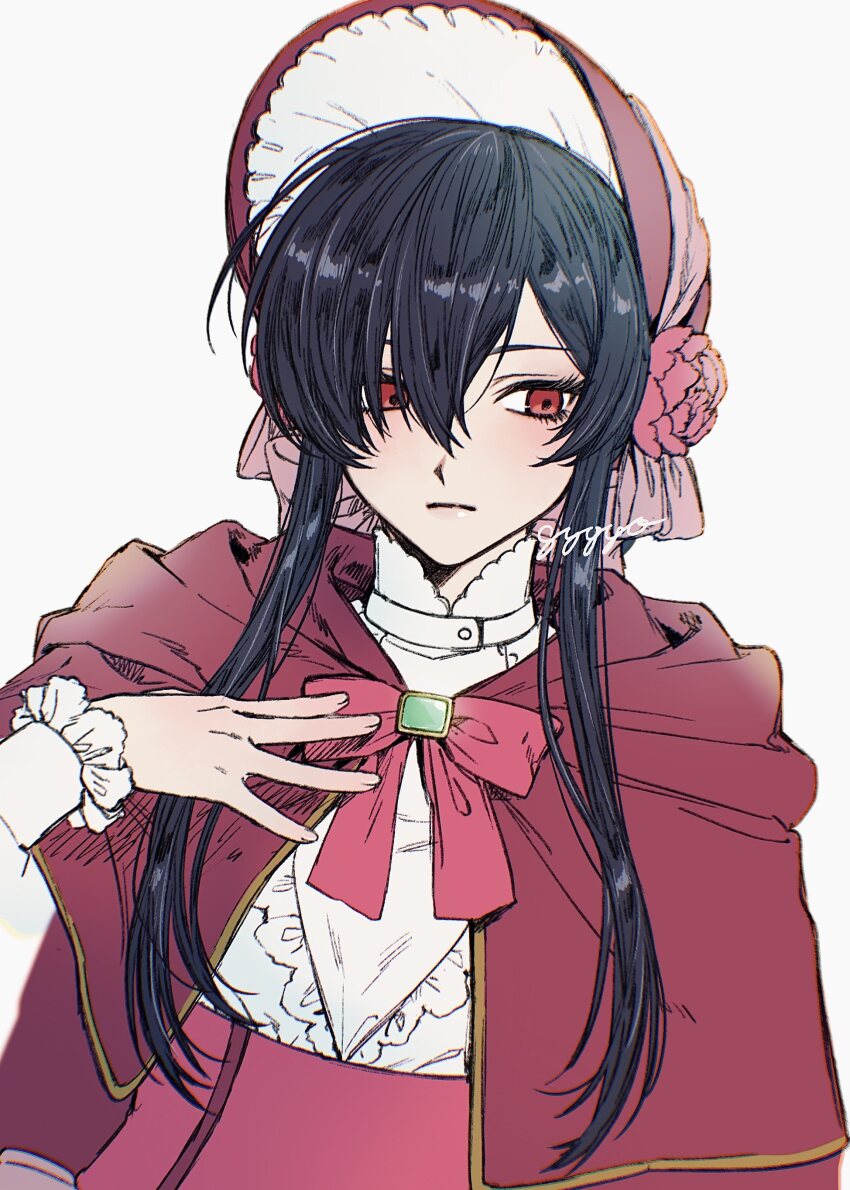 absurdres, black_hair, bonnet, bow, capelet, expressionless, formal_clothes, gyozabiglove143