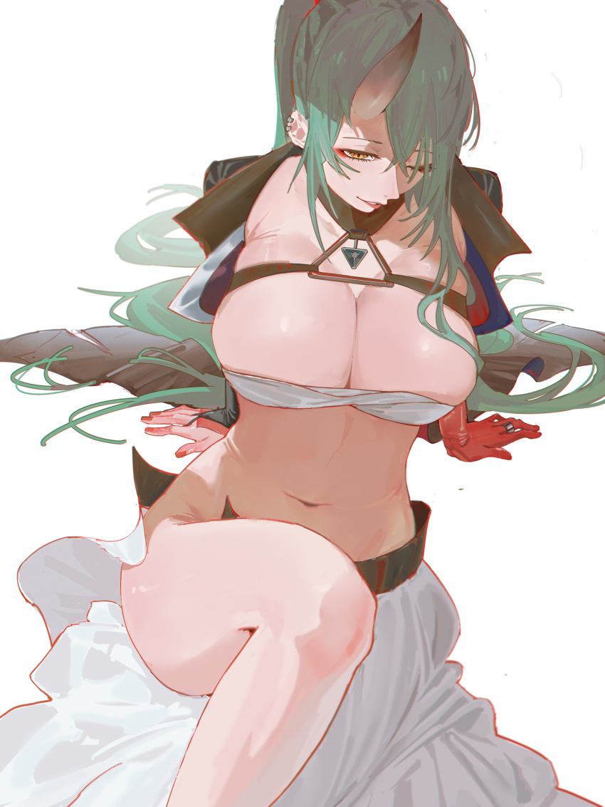 1girl, 75p, absurdres, arknights, arm_support, asymmetrical_gloves, black_gloves, black_jacket, breasts, bridal_gauntlets, chest_sarashi, chest_strap, cleavage, commentary, ear_piercing, elbow_gloves, english_commentary, eyeliner, feet_out_of_frame, from_above, gloves, green_hair, highres, horns, hoshiguma_(arknights), hoshiguma_the_breacher_(arknights), jacket, jewelry, large_breasts, leaning_back, lipstick, long_hair, long_skirt, looking_at_viewer, makeup, mismatched_gloves, nail_polish, navel, no_panties, official_alternate_costume, one_eye_closed, oni, open_clothes, open_jacket, open_skirt, parted_lips, piercing, ponytail, red_eyeliner, red_gloves, red_lips, red_nails, ring, sarashi, simple_background, single_bridal_gauntlet, single_elbow_glove, single_horn, sitting, skin-covered_horns, skirt, smile, solo, triangle_ring, white_background, white_skirt, yellow_eyes
