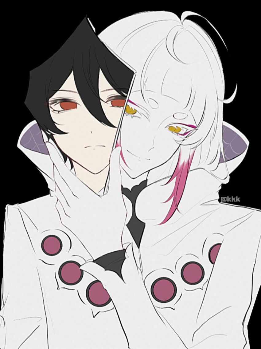 2boys, ahoge, azhe_kanata, black_background, black_hair, chisha_gold, closed_mouth, commentary_request