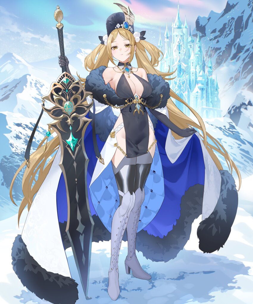 1girl, absurdres, anastasia_(evertale), armpits, artist_request, black_dress, black_gloves, blonde_hair