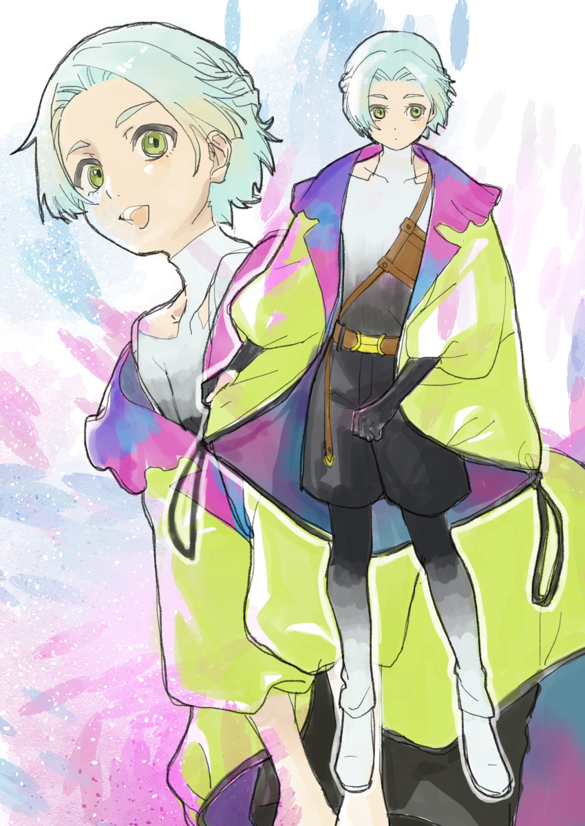 1other, aqua_hair, belt, black_gloves, black_shorts, brown_belt, closed_mouth, coat