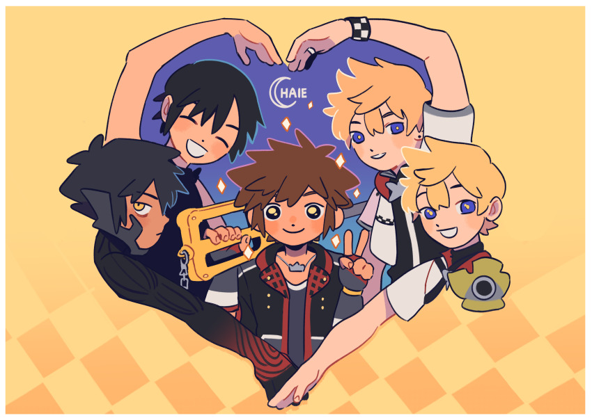 1girl, 4boys, :d, absurdres, arm_up, artist_name, bags_under_eyes, black_hair