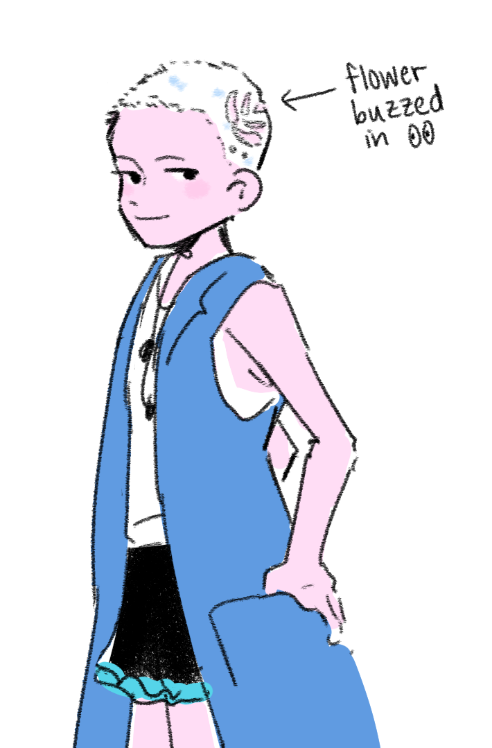 alternate_hair_length_(shorter), alternate_hairstyle, arrow_(symbol), black_skirt, blue_jacket, blush, blush_stickers, buzz_cut