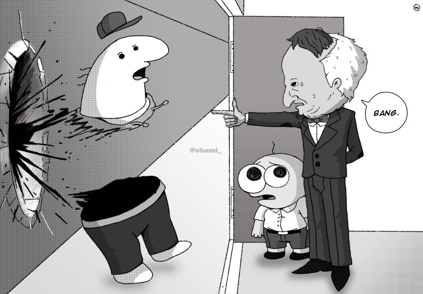 3boys, artist_name, blood, chainsaw_man, charlie_(smiling_friends), english_text, formal_clothes, height_difference