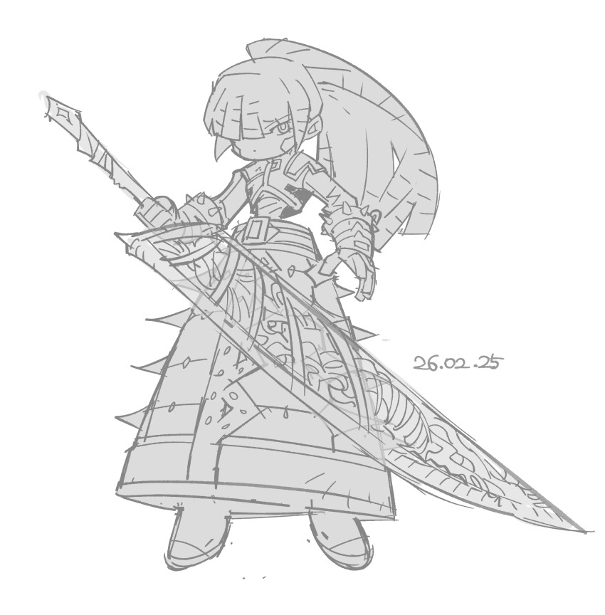 1girl, albina_(project_moon), armor, armored_dress, cable_hair, dress, full_body, gloves, greatsword, greyscale, high_ponytail, highres, holding, holding_sword, holding_weapon, kgdjeisk, limbus_company, monochrome, organic_weapon, ponytail, project_moon, solo, spiked_gloves, sword, weapon