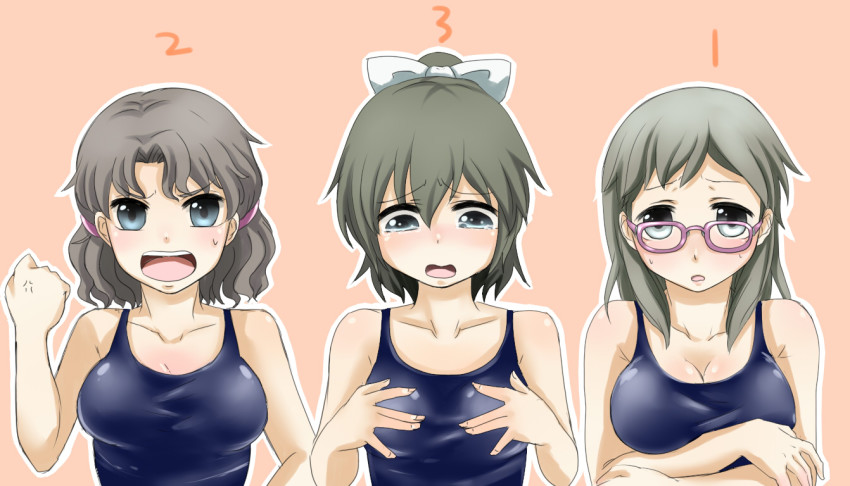 3girls, anger_vein, angry, blue_eyes, blush, bow, breasts, brown_hair, cleavage, corpse_party, crossed_arms, embarrassed, glasses, green_hair, hair_bow, kirisaki_touko, light_brown_hair, long_hair, medium_breasts, multiple_girls, one-piece_swimsuit, open_mouth, ponytail, psehkaonttaa, sad, school_swimsuit, short_hair, simple_background, sweatdrop, swimsuit, tears, urabe_emi, wavy_hair, yamamoto_mitsuki