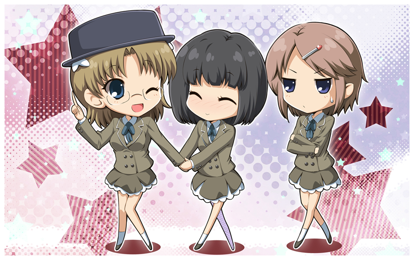 3girls, ^_^, amatoya_nari, bad_id, bad_pixiv_id, bespectacled, black_hair, blonde_hair