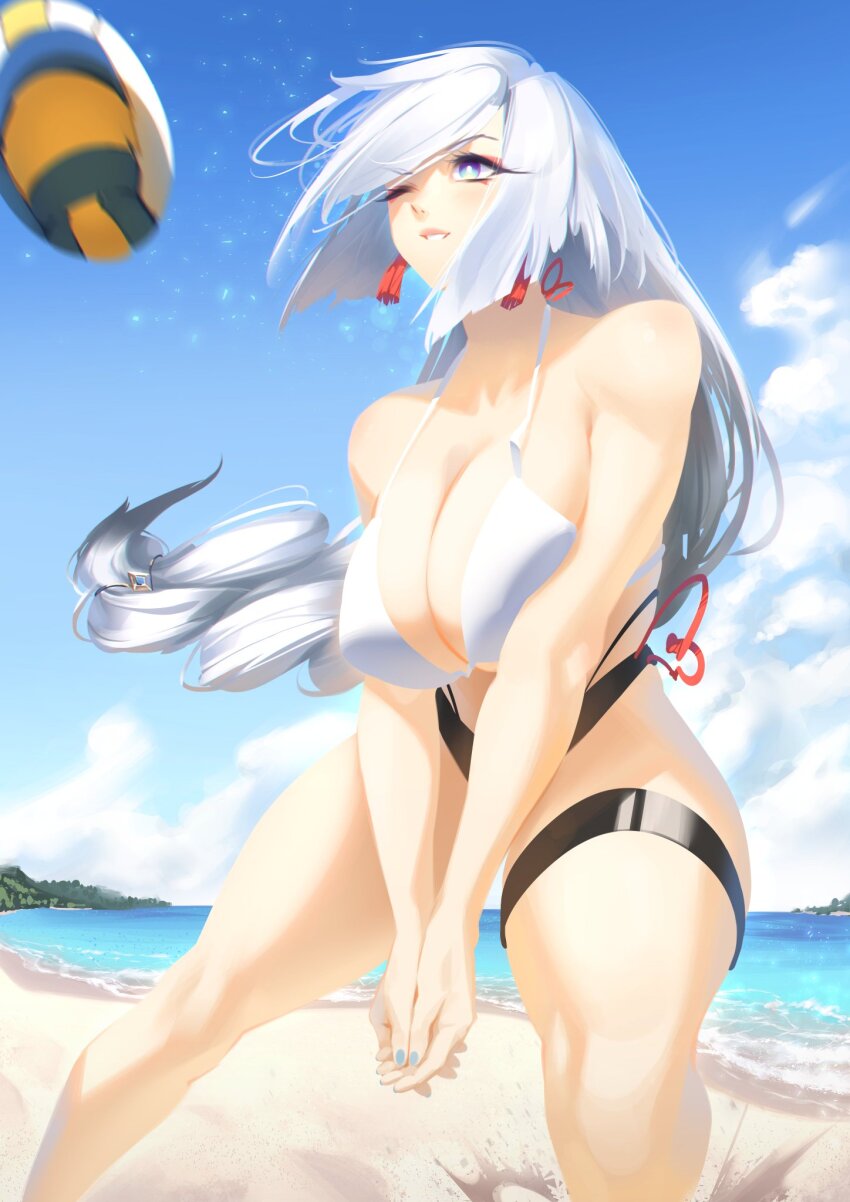 1girl, beach, beach_volleyball, bikini, blue_eyes, blue_nails, breasts, breasts_squeezed_together, cleavage, commentary, day, earrings, english_commentary, genshin_impact, highres, jewelry, large_breasts, long_hair, ocean, one_eye_closed, outdoors, own_hands_together, parted_lips, playing_sports, sand, shenhe_(genshin_impact), swimsuit, tassel, tassel_earrings, thigh_strap, v_arms, volleyball, white_bikini, white_hair, zaekyn