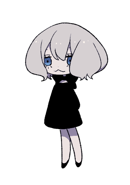 1girl, :3, arms_behind_back, bianca_(biz), black_dress, blue_eyes, bow, dress, love_cat_(biz), original, panda23577667, short_hair, solo, standing, white_background, white_hair