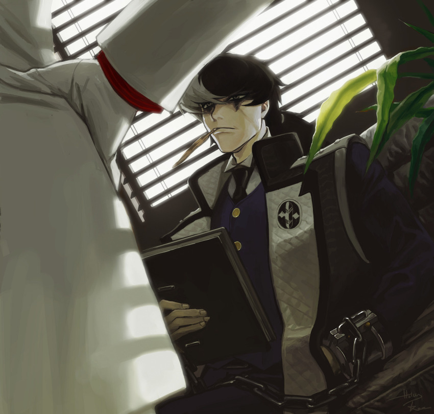 2boys, ace_attorney, artist_collaboration, black_eyeshadow, bobby_fulbright, chain, closed_mouth, collared_shirt