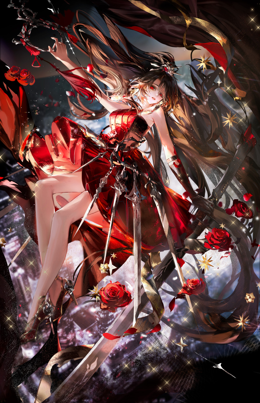 1girl, absurdres, akakage_youtou_hime_(onmyoji), brown_hair, chinese_commentary, commentary_request, dress, duoqing_tie_ban_shao, flower, hair_ornament, hairpin, high_heels, highres, holding, holding_sword, holding_weapon, legs, long_hair, multiple_swords, off-shoulder_dress, off_shoulder, onmyoji, red_dress, red_eyes, red_flower, red_rose, revision, rose, sword, watermark, weapon, youtou_hime_(onmyoji)