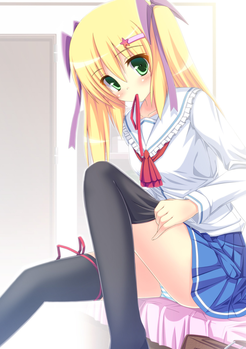 1girl, bad_id, bad_pixiv_id, bag, black_thighhighs, blonde_hair, blouse, dressing