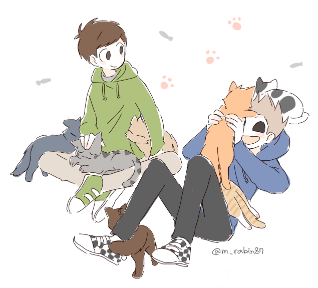 2boys, :d, animal, animalization, animification, antenna_hair, artist_name, black_pants