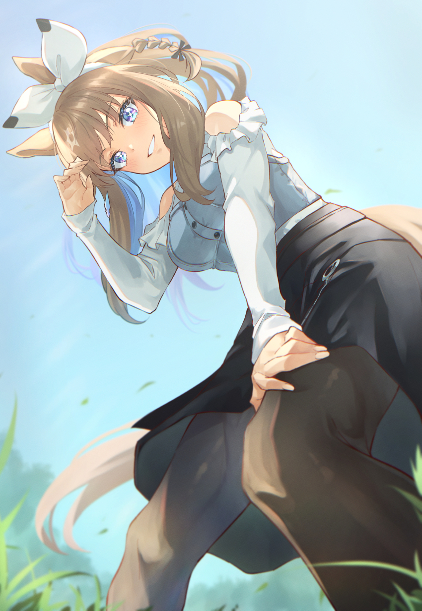 +_+, 1girl, almond_eye_(casual)_(umamusume), almond_eye_(umamusume), animal_ears, bare_shoulders, beruu, black_skirt