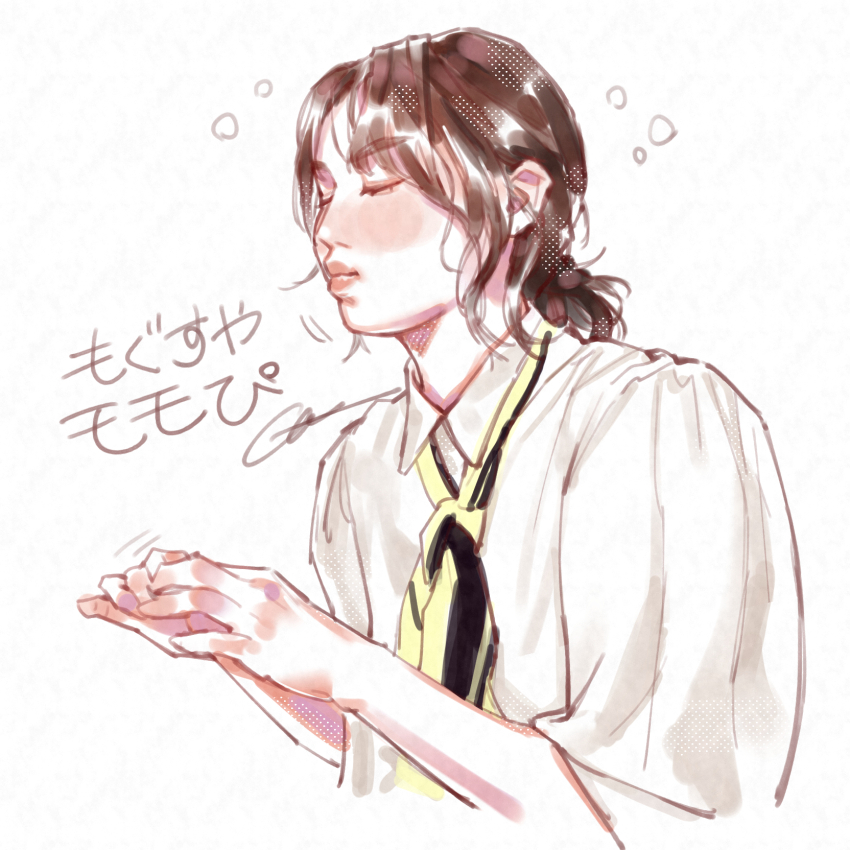 1girl, brown_hair, commentary, english_commentary, flat_chest, hair_behind_ear, hair_bun, highres