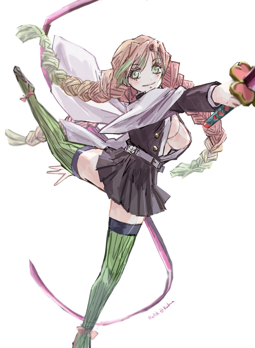 1girl, artist_name, attitude_derriere, belt, belt_buckle, black_jacket, black_skirt, braid