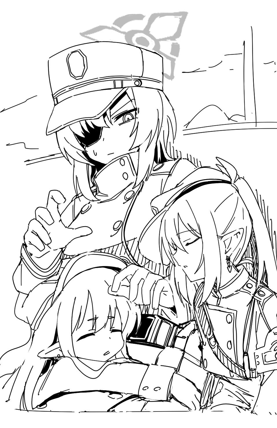 3girls, blue_archive, coat, commentary_request, halo, hat, highlander_railway_academy_logo, highres