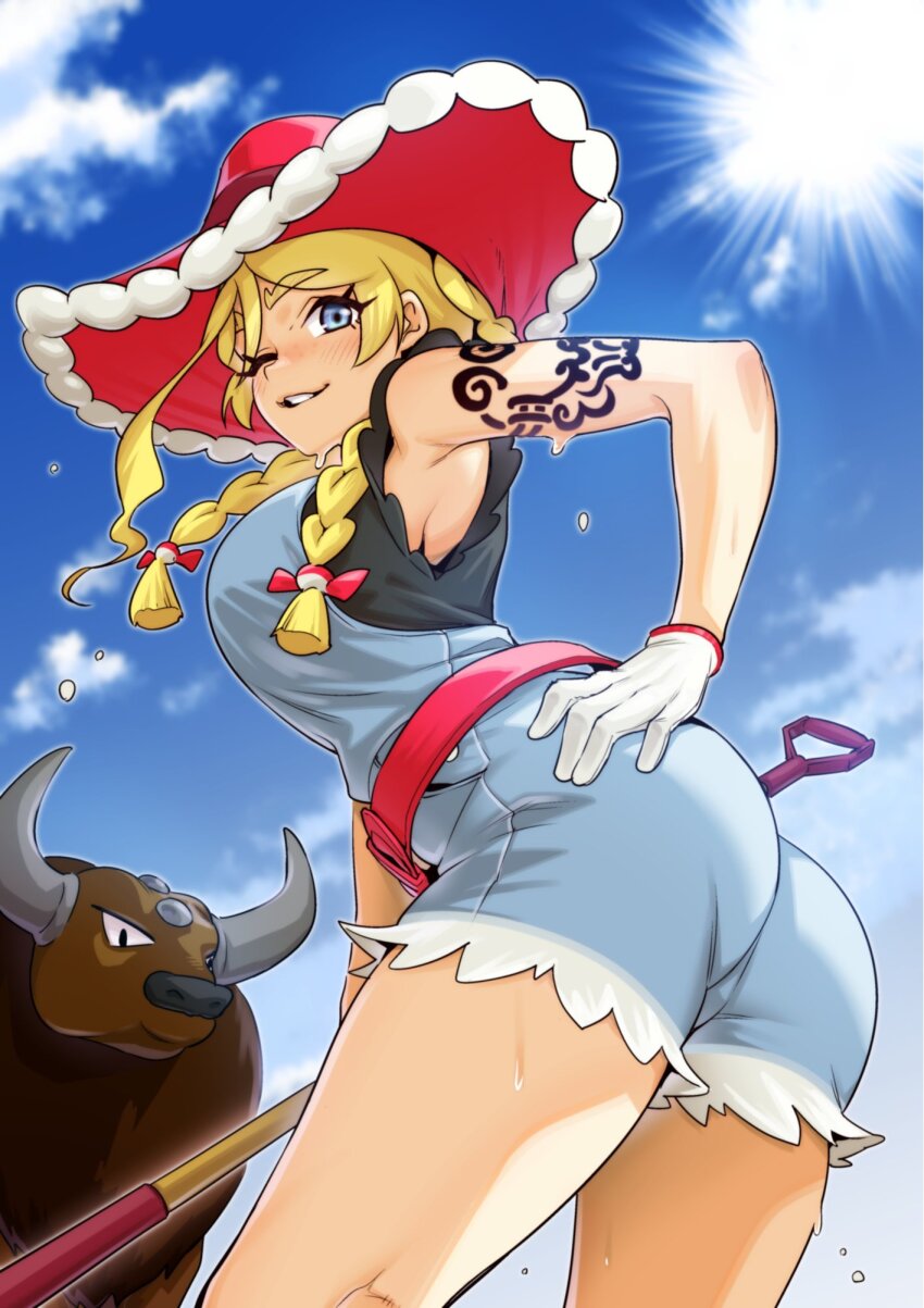 1girl, arm_tattoo, armpits, blue_eyes, blue_overalls, braid, breasts, commentary_request, gen_1_pokemon, hat, highres, holding, holding_shovel, kitt_(pokemon), looking_at_viewer, misaki_yuuki, nintendo, one_eye_closed, overalls, parted_lips, pokemon, pokemon_(creature), pokemon_champions, red_hat, shovel, smile, solo, sweat, tattoo, tauros, teeth, thighs, twin_braids