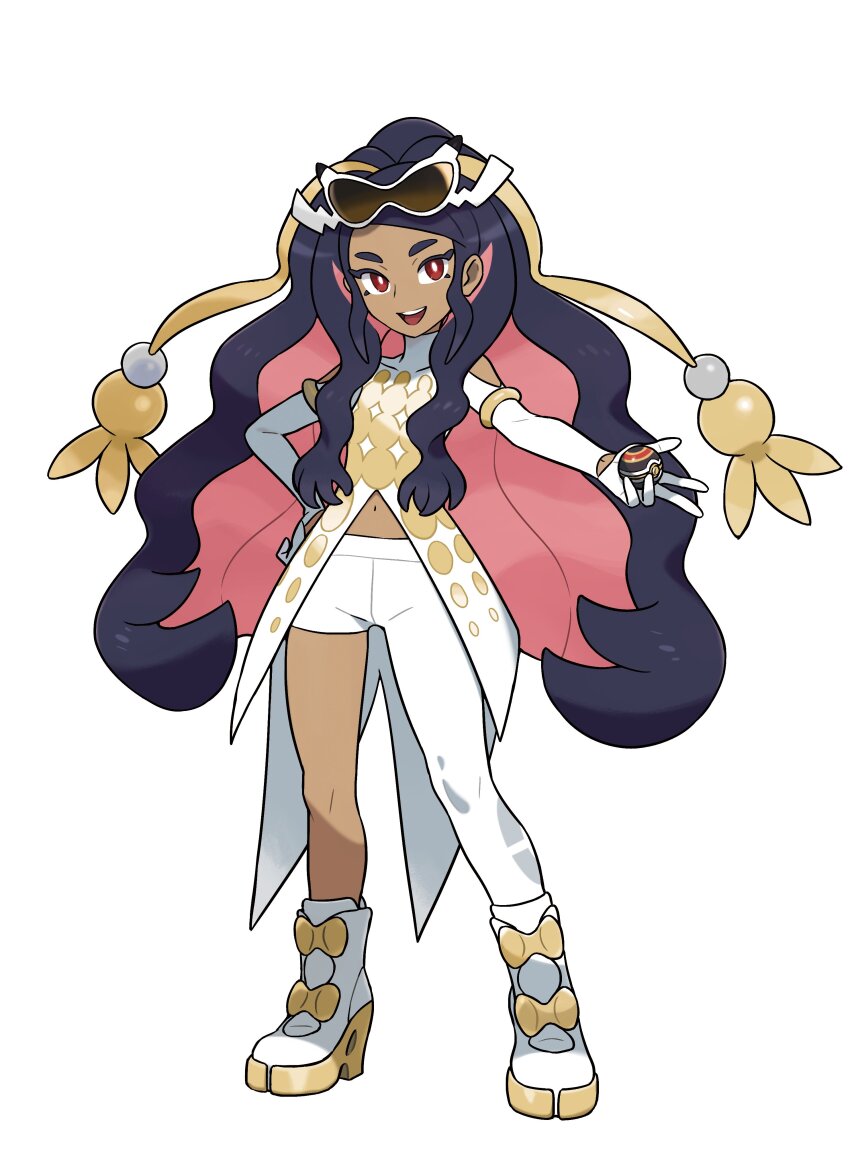 1girl, absurdres, asymmetrical_clothes, asymmetrical_pants, bare_shoulders, bright_pupils, caraway_(pokemon), clothing_cutout, coattails, colored_inner_hair, commentary_request, dark-skinned_female, dark_skin, eyewear_on_head, gloves, highres, holding, holding_poke_ball, long_hair, looking_at_viewer, luxury_ball, multicolored_hair, navel, navel_cutout, nintendo, official_art, open_mouth, pants, poke_ball, pokemon, pokemon_champions, ponytail, red_eyes, simple_background, single_pantsleg, smile, solo, sunglasses, tailcoat, teeth, tinted_eyewear, two-tone_hair, upper_teeth_only, white_pants, white_pupils