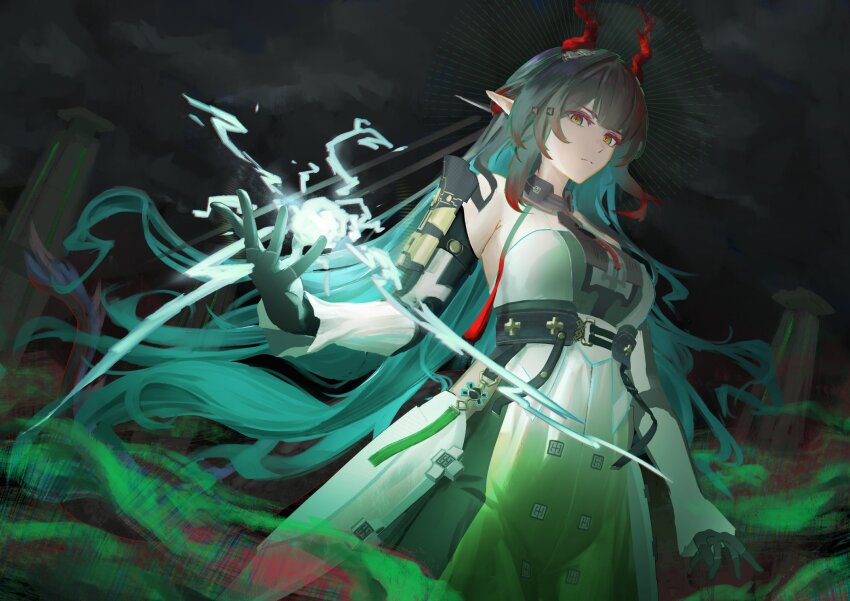 1girl, appl3, arknights, arknights:_endfield, black_hair, closed_mouth, dragon_girl, dragon_horns