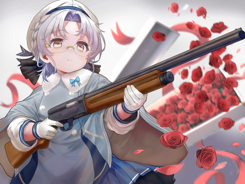 1girl, blue_neckerchief, blue_sailor_collar, box, brown_eyes, browning_auto_5, capelet, commentary_request