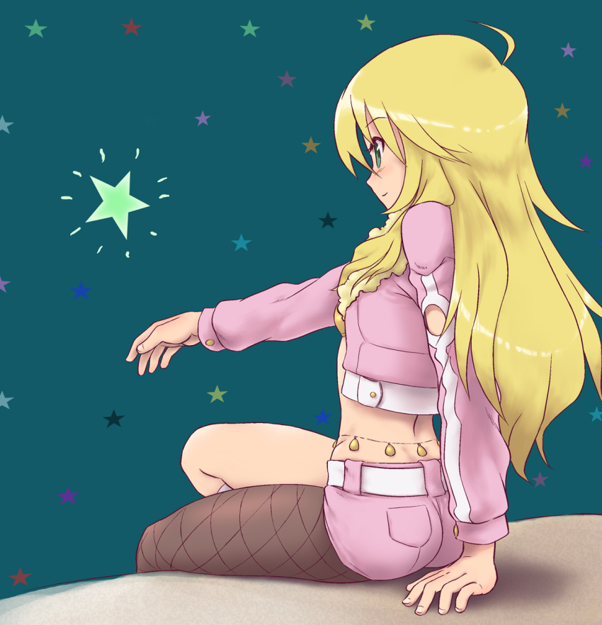 1girl, ahoge, belly_chain, belt, blonde_hair, blush, female_focus, fishnet_pantyhose, fishnets, from_behind, green_eyes, highres, hoshii_miki, idolmaster, idolmaster_(classic), jacket, jewelry, kumashiro, long_hair, luxury_(idolmaster), pantyhose, shorts, single_leg_pantyhose, smile, solo, star_(symbol)