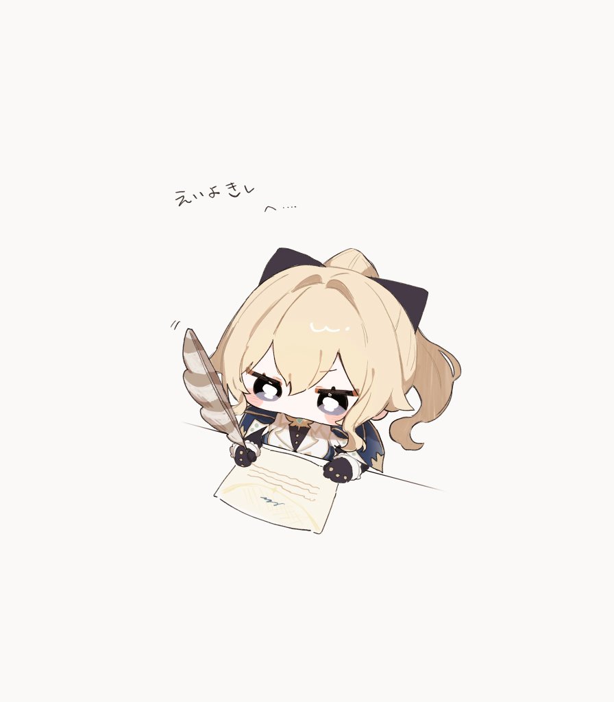 1girl, black_eyes, black_gloves, blonde_hair, blush_stickers, bow, chibi, chibi_only