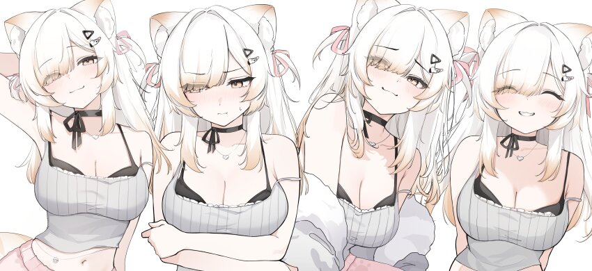 1girl, absurdres, animal_ear_fluff, animal_ears, black_bra, black_choker, blonde_hair, bra