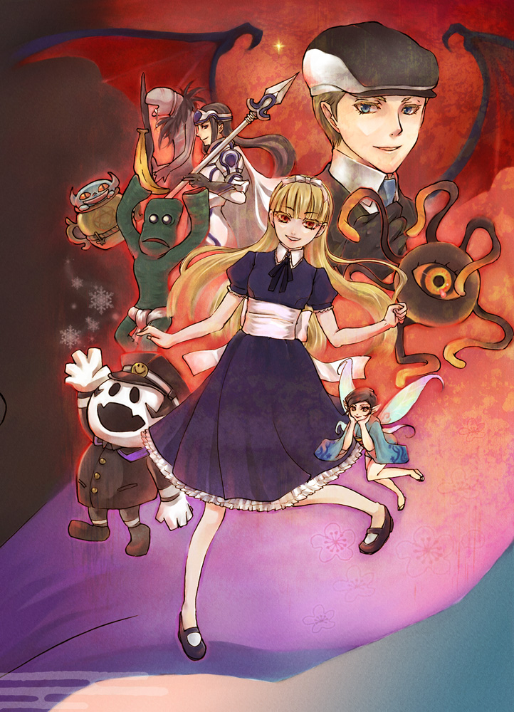 1boy, 3girls, agathion, alice_(megami_tensei), atlus, banana, black_hair, blonde_hair, brown_hair, cu_chulainn_(megami_tensei), demon_(megami_tensei), devil_summoner_(series), food, fruit, hair_ribbon, hairband, hat, high_pixie_(megami_tensei), horns, ichimokuren_(megami_tensei), japanese_clothes, kimono, louis_cypher, lucifer_(megami_tensei), mary_janes, megami_tensei, mishaguji_(megami_tensei), mokoi_(megami_tensei), multiple_girls, pantyhose, polearm, raiho, ribbon, sawa30_(tan-g85mw), school_uniform, shako_cap, shin_megami_tensei, shoes, short_hair, smile, spear, tentacles, weapon, white_legwear, wings, yellow_eyes