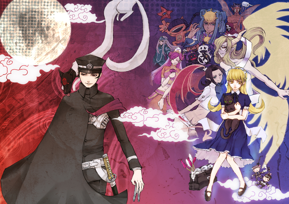 2boys, 3girls, alice_(megami_tensei), androgynous, atlus, belial_(megami_tensei), black_frost, black_hair, blonde_hair, blue_hair, cape, cat_teaser, catnip, character_request, cloud, decarabia_(megami_tensei), demon_(megami_tensei), devil_summoner_(series), doll, dress, gouto, green_eyes, hair_ribbon, hairband, hat, helel_(megami_tensei), horns, inugami_(megami_tensei), jack_frost_(megami_tensei), katana, kuzunoha_raidou, lilim_(megami_tensei), long_hair, louis_cypher, lucifer_(megami_tensei), mary_janes, moon, multiple_boys, multiple_girls, nebiros_(megami_tensei), obariyon_(megami_tensei), pantyhose, parvati_(megami_tensei), purple_hair, pyro_jack, raiho, red_eyes, ribbon, sawa30_(tan-g85mw), school_uniform, shako_cap, shin_megami_tensei, shoes, short_hair, smile, sword, tam_lin_(megami_tensei), tube, weapon, white_legwear, wings, yellow_eyes
