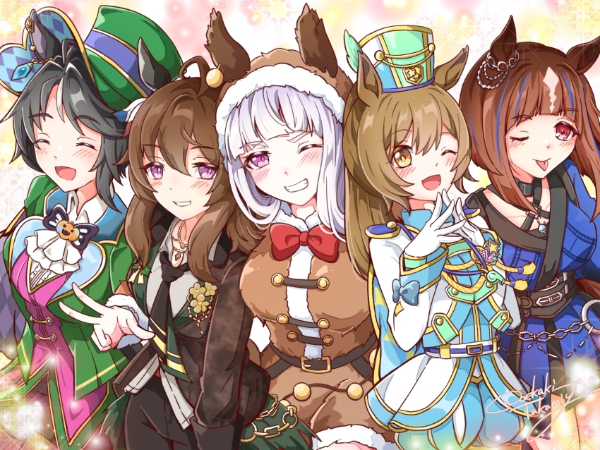 5girls, ahoge, animal_costume, animal_ears, aqua_cape, aqua_shorts, arm_around_shoulder, ascot, band_uniform, black_hair, black_necktie, black_pants, blue_kimono, blue_streaks, blunt_bangs, blush, bow, breasts, brown_eyes, brown_hair, brown_jacket, cape, closed_eyes, closed_mouth, collarbone, collared_shirt, commentary_request, ear_chain, ear_covers, ear_ornament, ears_through_hood, fuji_kiseki_(umamusume), gloves, gold_ship_(umamusume), green_hat, green_jacket, grey_hair, grey_shirt, hair_between_eyes, hat, highres, hood, hood_down, horse_ears, horse_girl, jacket, japanese_clothes, jewelry, kimono, large_breasts, linked_piercing, long_hair, long_sleeves, looking_at_viewer, medium_hair, multicolored_hair, multiple_girls, nakayama_festa_(festival_game)_(umamusume), nakayama_festa_(umamusume), necklace, necktie, oekaki_takamiy, official_alternate_costume, one_eye_closed, open_clothes, open_jacket, open_mouth, pants, piercing, pink_vest, ponytail, purple_eyes, red_bow, red_eyes, reindeer_costume, shako_cap, shirt, short_hair, shorts, single_ear_cover, small_breasts, smart_falcon_(luminous_twirler)_(umamusume), smart_falcon_(umamusume), smile, streaked_hair, tongue, tongue_out, top_hat, transcend_(twilight_neokagura)_(umamusume), transcend_(umamusume), umamusume, vest, w, white_ascot, white_gloves, white_hair, white_shirt