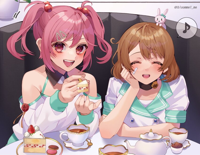 2girls, animal, animal_on_head, bandaid, bandaid_on_face, brown_eyes, cake, cake_slice