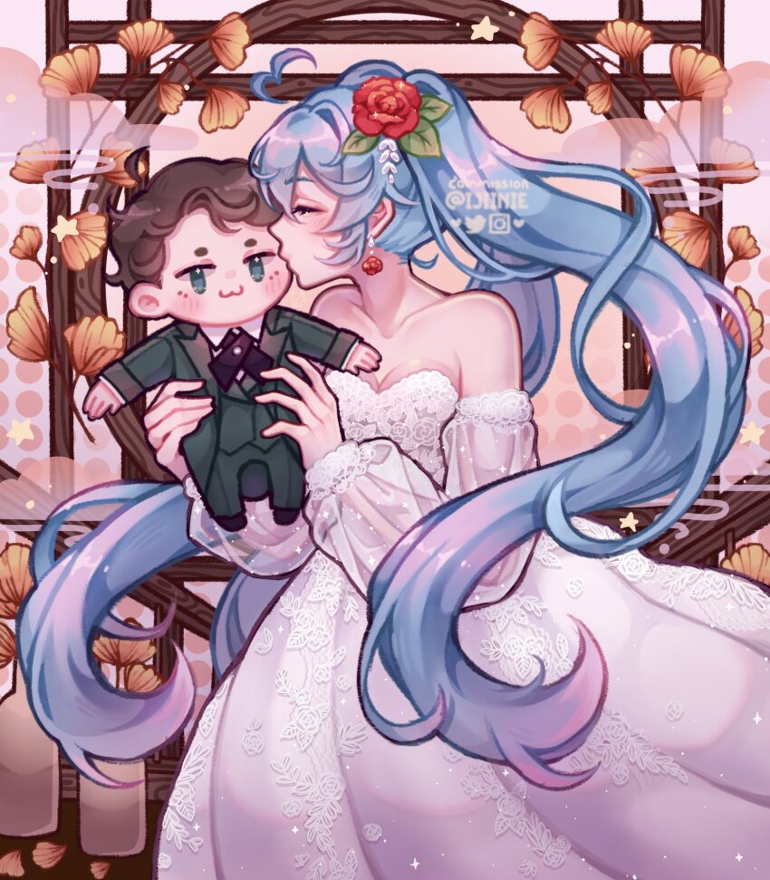 1girl, :3, ^_^, aegyo_sal, ahoge, alternate_costume, artist_name, bare_shoulders