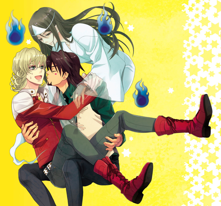 10s, 1girl, 2boys, bags_under_eyes, barnaby_brooks_jr., belt, blonde_hair, blue_fire, boots, brown_eyes, brown_hair, carrying, dress, facial_hair, fire, ghost, glasses, green_eyes, highres, jacket, jewelry, kaburagi_t._kotetsu, kaburagi_tomoe, lace-up_boots, long_hair, multiple_boys, necklace, necktie, princess_carry, red_jacket, ring, short_hair, sm_chika, stubble, studded_belt, sweatdrop, tiger_&amp;_bunny, translucent, triangular_headpiece, vest, waistcoat, yaoi