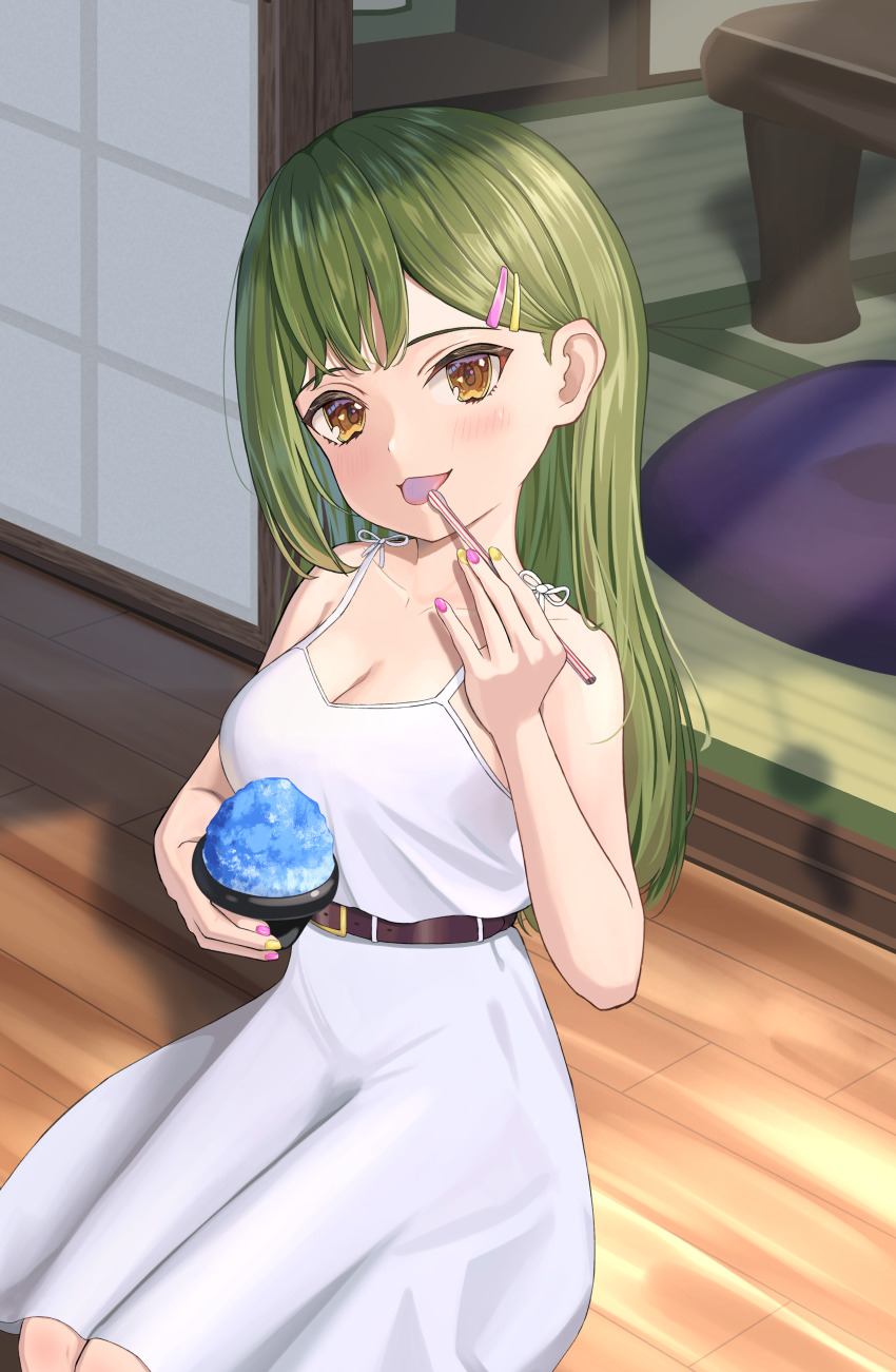 1girl, absurdres, alternate_costume, asumi_dori, bare_shoulders, belt, blue_tongue, blush