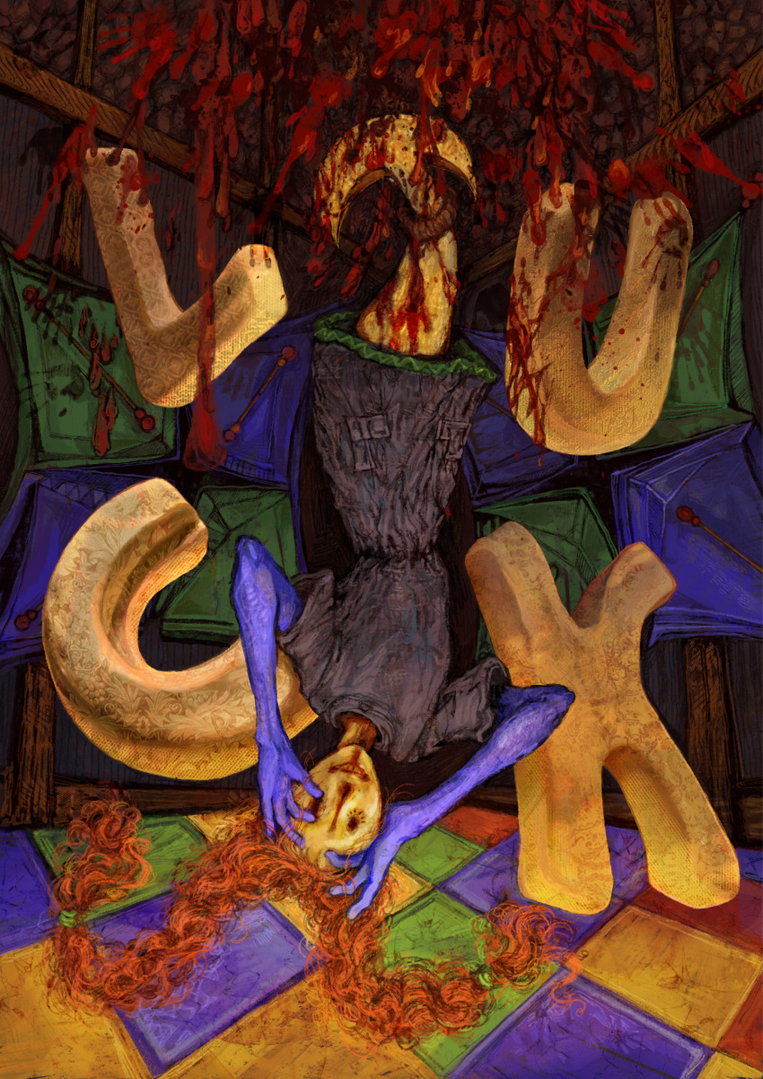 1girl, black_eyes, blood, braid, colored_skin, dress, ena:_dream_bbq, ena_(series)